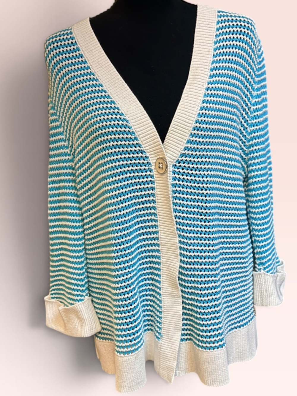 Spring + Mercer Cream-Trim Teal Striped V-Neck Knit Cardigan Sweater Sz XL
